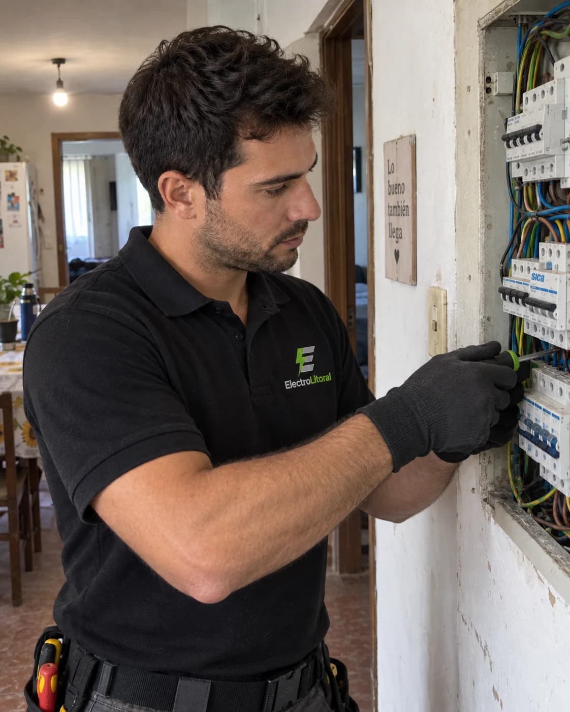 Ilustración digital de un técnico con chomba negra de ElectroLitoral trabajando en un tablero eléctrico de una vivienda.